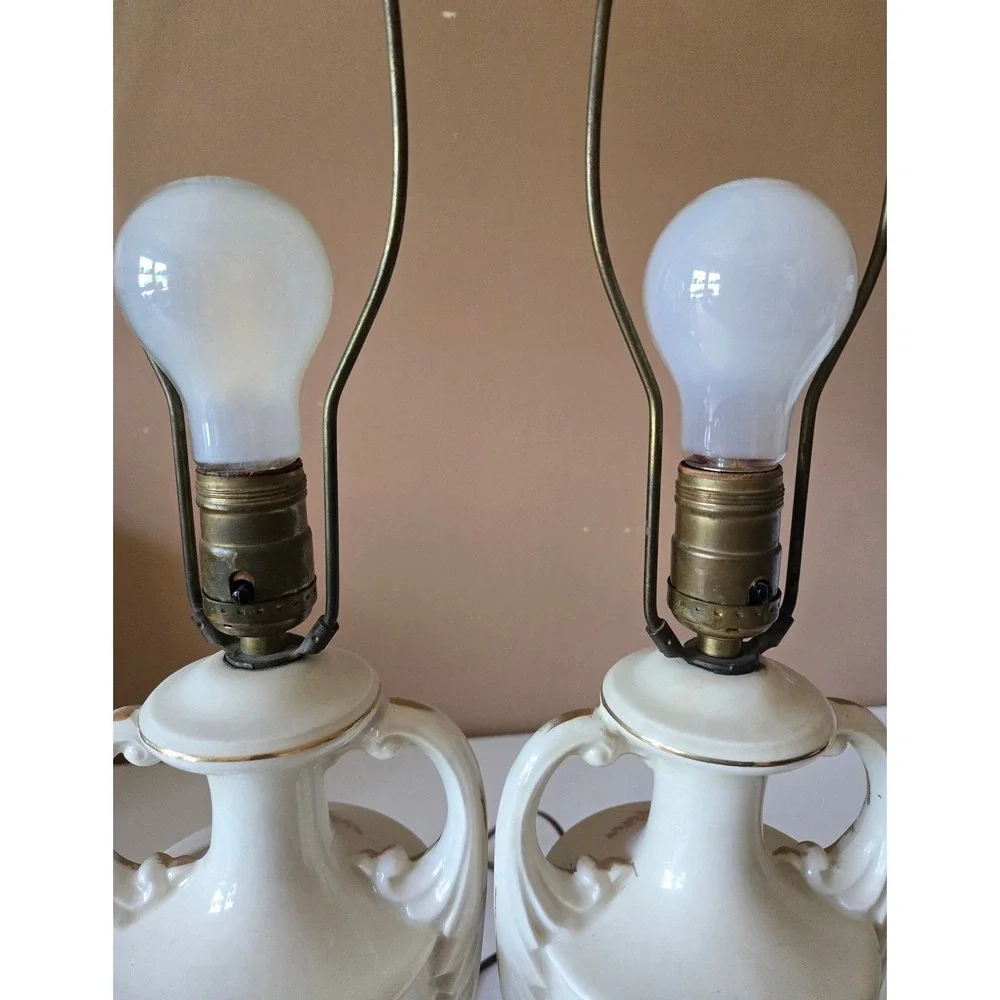 Vintage Pair Floral Porcelain Urn Table Lamps White Gold Roses Hollywood Regency